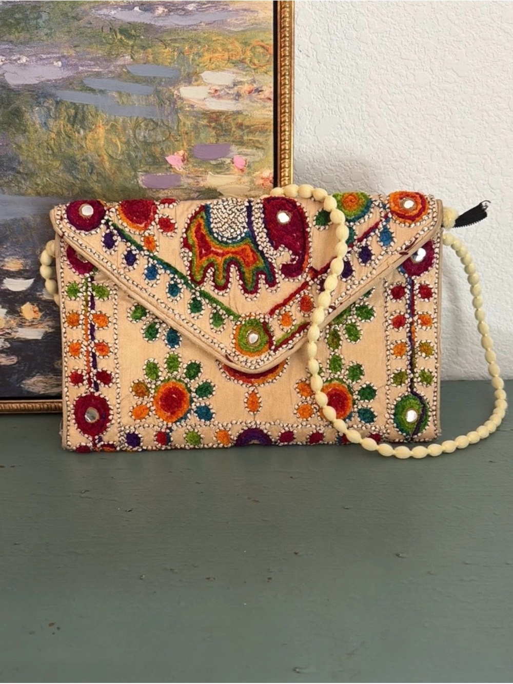 Embroidered Elephant Clutch Bag in Cream with Multicolor Accents